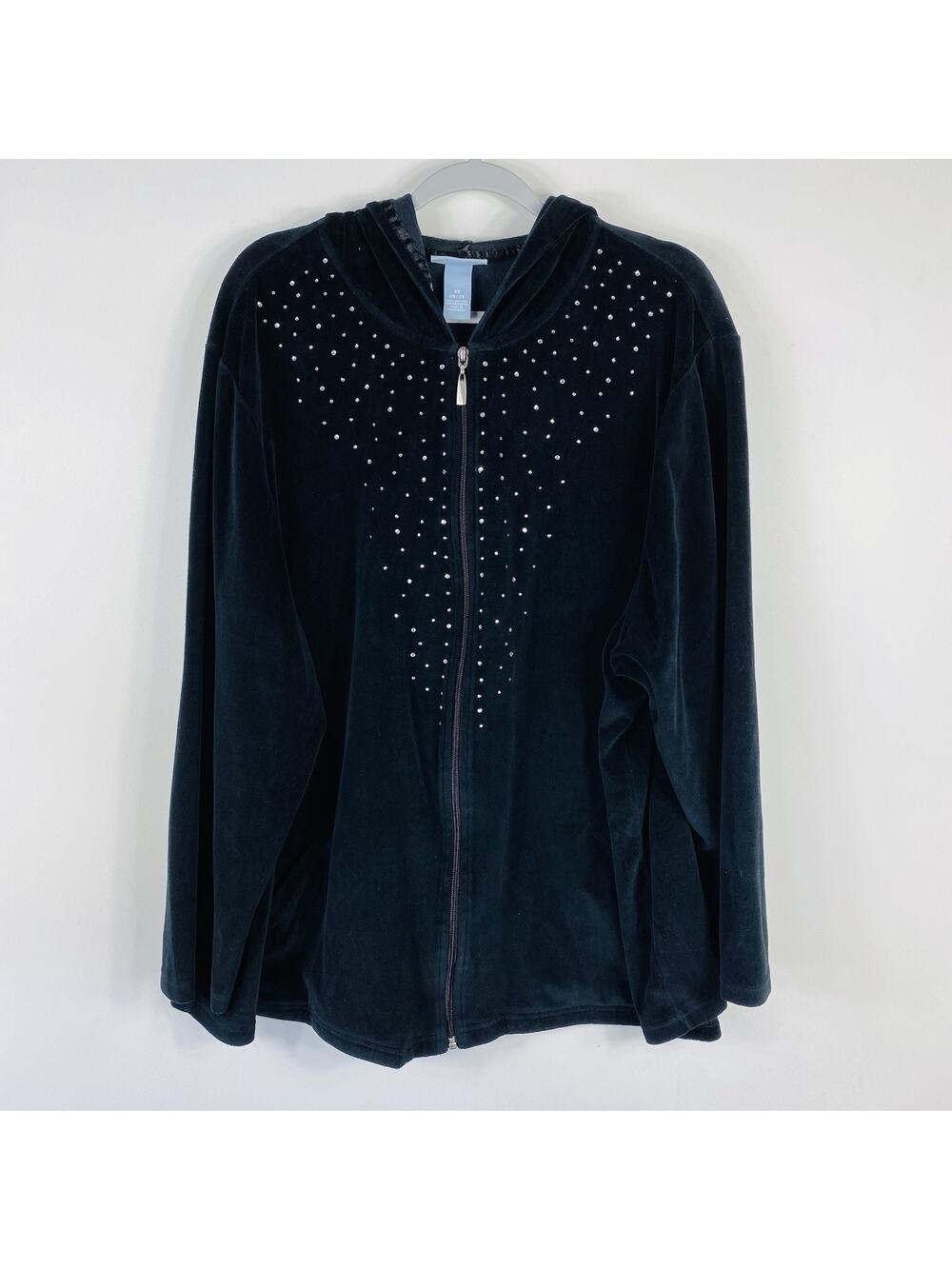 Liz & Me Sport Jacket 3X 26 28 Black Velour Hooded Rhinestone Embellished Zip Up